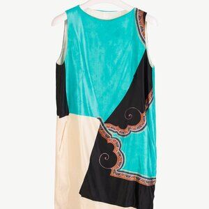 Dries Van Noten AW/12 Teal Printed Satin Sleeveless Mini Shift Dress